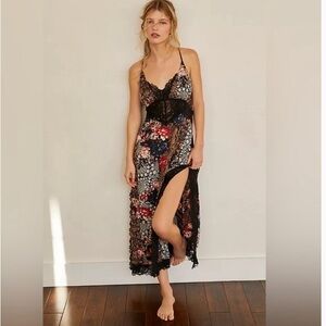 Free People Silky Lace Floral Midi Slip Dress Sz Medium